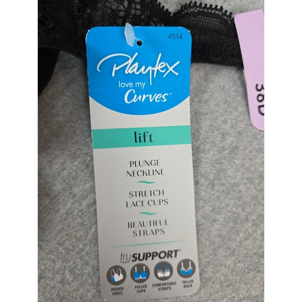 Playtex Love‎ My Curves Bra 38D Black Stretch Lace Cups Sculpted Lift NEW